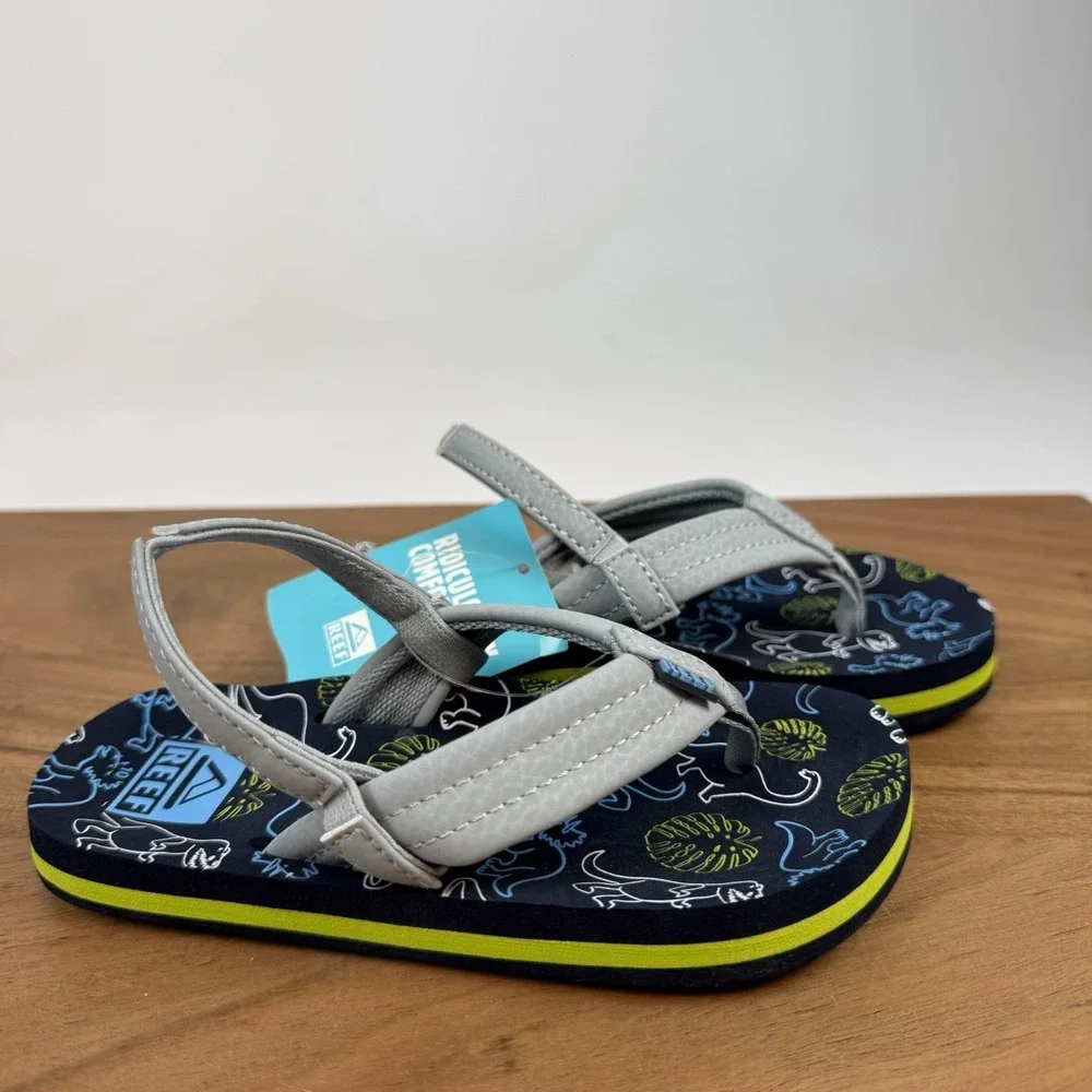 New Little Kids Reef‎ Little Ahi Slip On Water Flip Flops Blue Dinosaurs Sz 10 C
